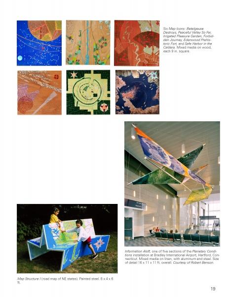 100 Artists of New England" by Schiffer Publishing, Ltd. showcases vibrant abstract map-themed art—oil paintings, sculptures, and a steel map installation—in a gallery and public space where people interact with the works.