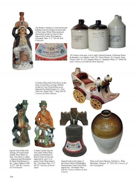 A page from Schiffer Publishing, Ltd.’s "Wine Antiques and Collectibles" catalog shows vintage liquors: novelty figurine bottles, barrels, jugs, and a car-shaped decanter—each with details and prices—ideal for wine cellars or collectors.