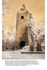 A tall stone tower rises among bare trees and old gravestones under a yellow sky, evoking the eerie, ghostly atmosphere found in Ireland’s Ghosts, Legends, and Lore from Schiffer Publishing, Ltd.