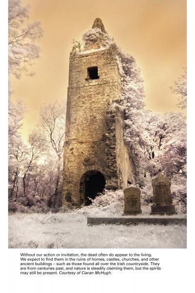 A tall stone tower rises among bare trees and old gravestones under a yellow sky, evoking the eerie, ghostly atmosphere found in Ireland’s Ghosts, Legends, and Lore from Schiffer Publishing, Ltd.