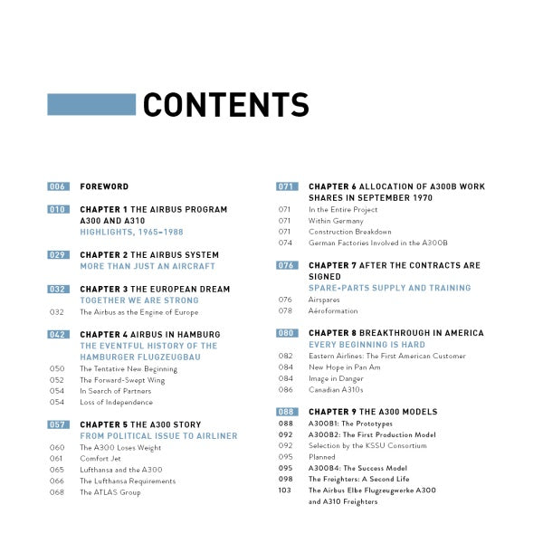 The table of contents for "Airbus A300/310" by Schiffer Publishing, Ltd. features blue and black two-column headings on Airbus history, commercial aviation, A300 models, production, spare parts; "CONTENTS" appears at the top.
