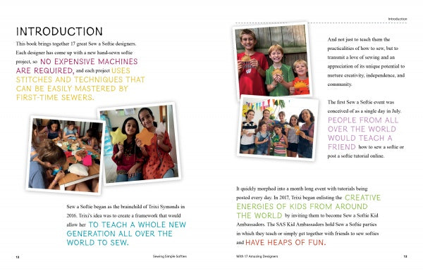 The introduction of "Sewing Simple Softies with 17 Amazing Designers" by Schiffer Publishing, Ltd. features photos of happy kids sewing together and highlights beginner-friendly projects for children worldwide in a fun, creative way.