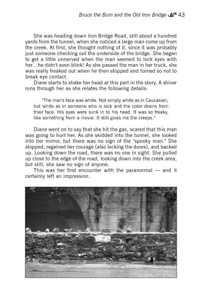 A page from Haunted Lehigh Valley by Schiffer Publishing, Ltd. features a woman’s eerie creek encounter and a black-and-white photo of an old iron bridge, highlighting one of Pennsylvania's many haunted locations.