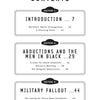 The UFOs Over Maine table of contents (Schiffer Publishing, Ltd.) has three sections: Introduction (p.7), Abductions and the Men in Black—including Maine cases (p.29), and Military Fallout (p.44), plus subheadings with page numbers.