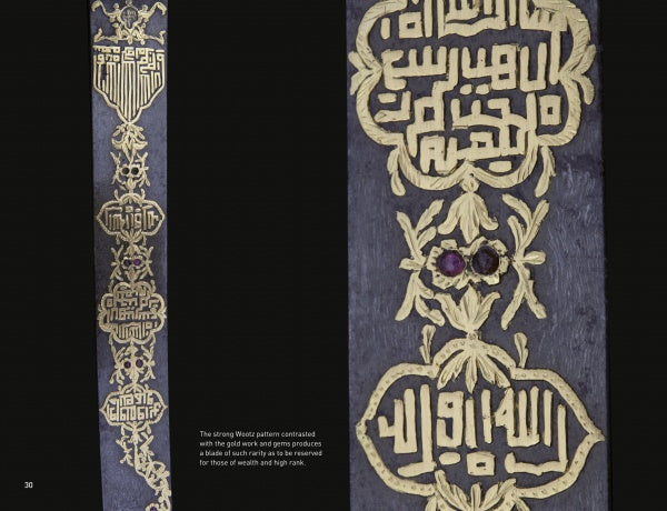 Weapons of Warriors by Schiffer Publishing, Ltd. features gold-embroidered Arabic calligraphy, two central purple gemstones, and sword-inspired motifs, all set against a deep blue background.