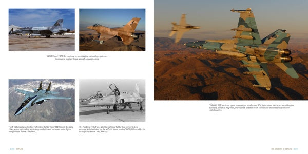 A two-page spread from TOPGUN by Schiffer Publishing, Ltd. showcases five fighter jets, including F-16s and camouflaged planes, on runways and in flight, highlighting tactics training inspired by the US Navy Fighter Weapons School.