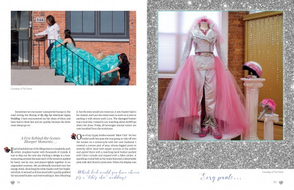 The left page features two women in formal gowns; the right displays a sparkly Sondra Celli Gypsy dress, shoes, gloves, and helmet. From Bling! by Schiffer Publishing, Ltd.