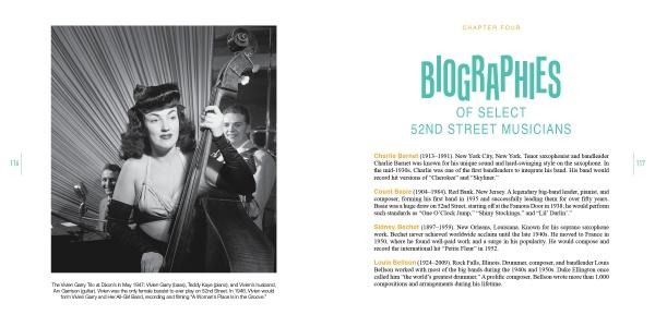 A vintage black-and-white photo of jazz bassist Vivien Garry playing upright bass, with a drummer behind her, appears in Swing Street by Schiffer Publishing, Ltd., alongside text titled "Biographies of Select 52nd Street Jazz Musicians.