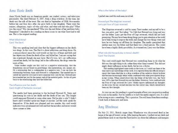 An open book, "Tarot" by Schiffer Publishing, Ltd., shows two pages—one about Anna Nicole Smith, her influences, and tarot symbols like the Devil and Death; the other continues with tarot readings, dream interpretations, and introduces Amy Winehouse.