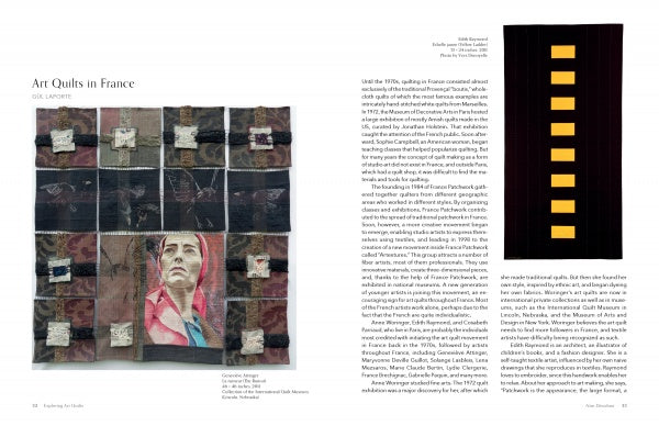 A magazine spread titled Art Quilts in France features contemporary art quilting from Studio Art Quilt Associates, showcasing "New Directions" by Schiffer Publishing, Ltd.: a stylized face quilt and a vertical piece with yellow rectangles.