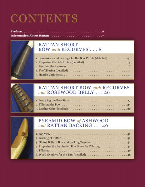 The table of contents for "Making a Rattan Bow" by Schiffer Publishing, Ltd. includes sections like Rattan Short Bow with Recurves, Rattan Short Bow with Rosewood Belly, and Pyramid Bow of Ashwood with Rattan Backing.