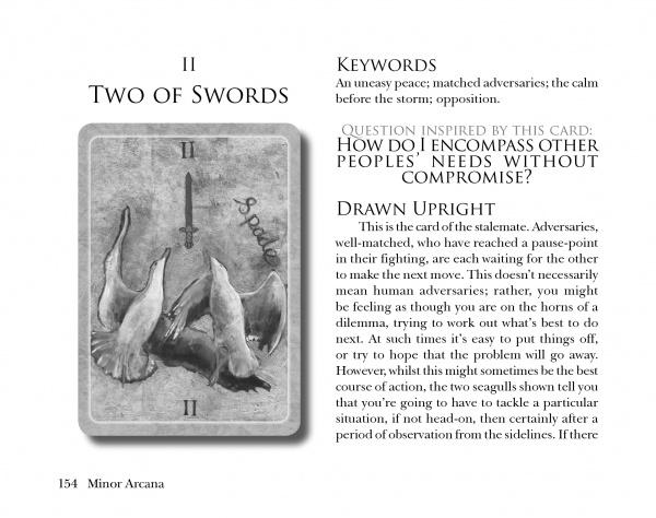 The Secret Language of Birds Tarot by Schiffer Publishing, Ltd. features a Two of Swords card with a blindfolded woman holding crossed swords, symbolizing indecision, opposition, and the challenge of balancing others’ needs.