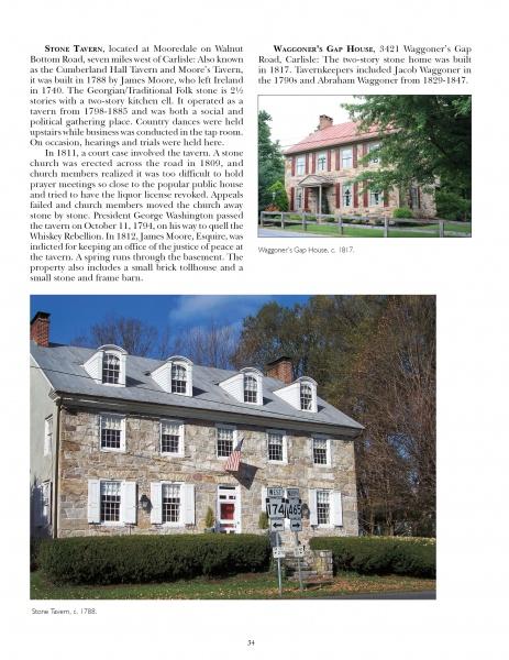A page from "Portrait of Historic Carlisle, Pennsylvania, & The Cumberland Valley" by Schiffer Publishing, Ltd. features two stone houses—Stone Tavern and Waggoner’s Gap House—set amid trees and lawns in historic Carlisle.