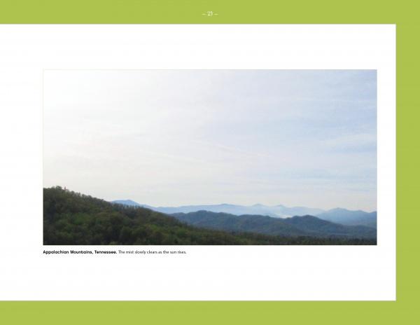 Experience spiritual self-discovery amid tranquil nature with Spiritual Gardens by Schiffer Publishing, Ltd.—a serene landscape of Tennessee’s Appalachian Mountains, green hills, and misty blue peaks beneath a pale sky.