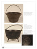 Two photos of the "Early American Cast Iron Holloware 1645-1900" by Schiffer Publishing, Ltd. show a three-legged kettle with a handle from different angles and a close-up of its maker’s mark. Ideal for hearth cooking. Images on a white background with text.