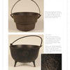 Two photos of the "Early American Cast Iron Holloware 1645-1900" by Schiffer Publishing, Ltd. show a three-legged kettle with a handle from different angles and a close-up of its maker’s mark. Ideal for hearth cooking. Images on a white background with text.