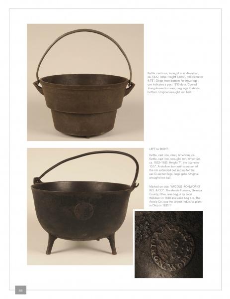 Two photos of the "Early American Cast Iron Holloware 1645-1900" by Schiffer Publishing, Ltd. show a three-legged kettle with a handle from different angles and a close-up of its maker’s mark. Ideal for hearth cooking. Images on a white background with text.
