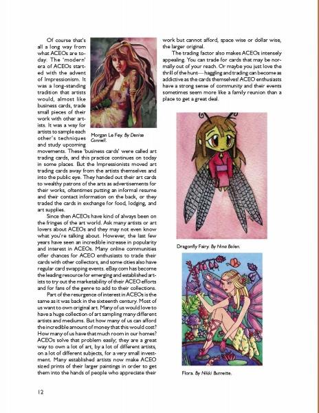 A magazine page from Schiffer Publishing, Ltd.'s "Fairies, Mermaids, and Other Mystical Creatures" showcases vibrant fantasy art—long-haired fairy, dragonfly fairy, and figure among pink flowers—plus text about ACEO art trading cards.