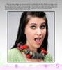 A woman with long dark hair wears a chunky felt and yarn necklace. She has light makeup, green eyes, and a green top. "Making Simple Felted Jewelry" by Schiffer Publishing, Ltd. is featured in the text framing the photo above and below.