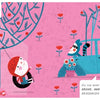 A girl waters a small tree while a boy swings from it. Another person adds plants to a blue car. Speech bubbles discuss sustainability and emotional intelligence for kids, featuring Feelings Forecasters by Schiffer Publishing, Ltd. Pink background with red flowers.