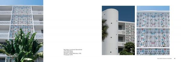 Three photos from Schiffer Publishing, Ltd.'s "The Architecture of Whimsy" show a white modernist building with colorful panels, highlighting South Florida midcentury architecture with geometric patterns, balconies, and palm trees under a clear blue sky.