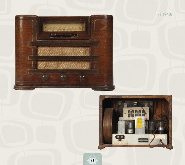 The Retro Radio by Schiffer Publishing, Ltd. is shown from the front with classic retro features and from the back with internal components visible, offering a look into vintage radio design.