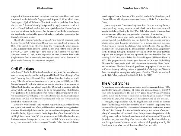 Two pages from Ohio's Haunted Crimes by Schiffer Publishing, Ltd. show black text on white. The left discusses the Civil War years; the right has headings like “Suzanne Never Slept at Hiram’s Inn” and “The Ghost Stories,” sharing Ohio hauntings and crimes.