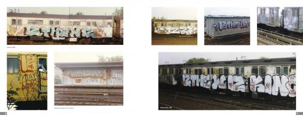 From the Platform 2 by Schiffer Publishing, Ltd. features photos of Bronx subway graffiti—bold, colorful tags on train cars along outdoor tracks—capturing the vibrant spirit of 1980s New York graffiti and hip-hop culture.