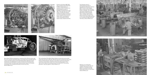 A double-page spread showcases black-and-white photos of factory workers assembling machinery, including the M18 Hell-Cat. Each image is paired with descriptive captions. Published by Schiffer Publishing, Ltd.