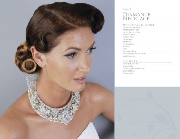 A woman with vintage hair and soft makeup wears the Fresh Floral Jewelry by Schiffer Publishing, Ltd.—a detailed beaded diamante necklace with floral accents. She poses by a pale background beside a list of materials and flowers used.