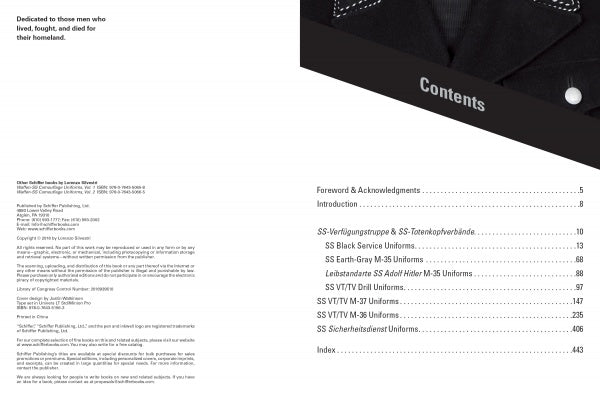 An open copy of "Black and Field Gray Uniforms of Himmler's SS, Vol. 1" by Schiffer Publishing, Ltd. shows the dedication and copyright page left, and a contents page listing chapters on Waffen-SS and German military uniforms right.