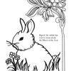 A coloring page from Rupert's Tales by Schiffer Publishing, Ltd. shows a rabbit in grass and flowers beside a big bloom. Text: Rupert the rabbit has much to learn about the Wheel of the Year in this magical activity book.