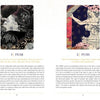 Two illustrated cards from The Creativity Oracle by Schiffer Publishing, Ltd.: FEAR features a ghostly figure by a stormy house; PUSH shows a woman pulling back a red curtain. Each card includes descriptive text and guidebook insights below.