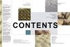 The magazine contents page features "CONTENTS" in bold black over images of tufted materials, tools, and hands working on Upholstery by Schiffer Publishing, Ltd., with text blocks listing step-by-step upholstery techniques and page numbers.