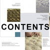 The magazine contents page features "CONTENTS" in bold black over images of tufted materials, tools, and hands working on Upholstery by Schiffer Publishing, Ltd., with text blocks listing step-by-step upholstery techniques and page numbers.