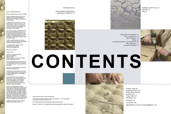 The magazine contents page features "CONTENTS" in bold black over images of tufted materials, tools, and hands working on Upholstery by Schiffer Publishing, Ltd., with text blocks listing step-by-step upholstery techniques and page numbers.