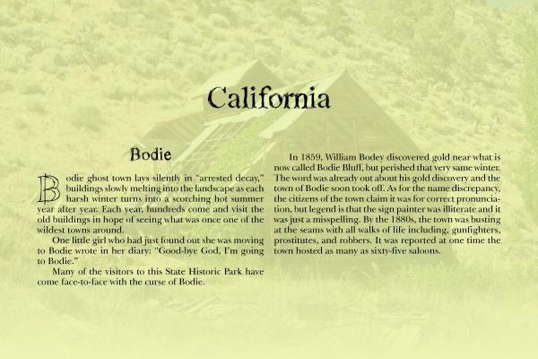 A textured page from Haunts of the Southwest by Schiffer Publishing, Ltd. titled California presents Bodie, a famed gold rush ghost town, with history in decorative serif fonts over a faded old house on a grassy hill.