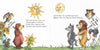Illustration for the children’s science book "Sun & Moon Take Turns" by Schiffer Publishing, Ltd.: forest animals discuss day-and-night cycles as Bear holds a “You Ask, I’ll Solve!” sign and Owl holds “Give the Moon a Shot” under sun and moon.