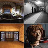 A collage from "Urban Atrophy" by Schiffer Publishing, Ltd. shows abandoned sites—a theater with empty seats, a vacant hallway, large-doored room, and a human head sculpture—with “MEDICINE St. Elizabeths Hospital” text, capturing mid-Atlantic urban decay.