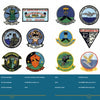 United States Navy Helicopter Patches by Schiffer Publishing, Ltd. features 18 vibrant squadron patches with unique symbols, animals, and naval motifs, displayed in three rows on a white background above a blue info panel.