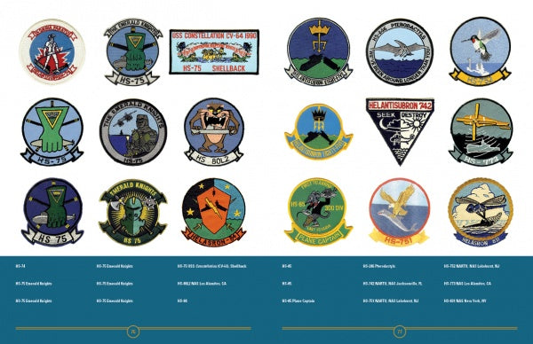 United States Navy Helicopter Patches by Schiffer Publishing, Ltd. features 18 vibrant squadron patches with unique symbols, animals, and naval motifs, displayed in three rows on a white background above a blue info panel.