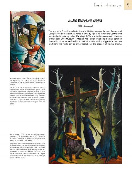 A page from "Masterpieces of Haitian Art" by Schiffer Publishing, Ltd. displays text and a painting, highlighting the vibrant world of Haitian art.