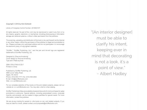 On the left, a book copyright page with publishing info; on the right, a large Albert Hadley quote—Branding + Interior Design by Schiffer Publishing, Ltd. inspires firms seeking intent and clarity beyond brand image.