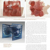A collage of three geometric red and blue glass sculptures reflects Robert Engman's abstract art, with descriptive text on the design process. Published by Schiffer Publishing, Ltd.