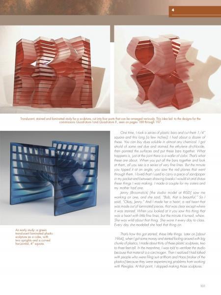 A collage of three geometric red and blue glass sculptures reflects Robert Engman's abstract art, with descriptive text on the design process. Published by Schiffer Publishing, Ltd.