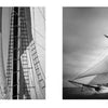 Left: Detailed view of a sailboat’s mast and rigging in bright light. Right: Striking black-and-white photo from "Sailboats" by Schiffer Publishing, Ltd. shows a sailing ship with full sails gliding under dramatic clouds.