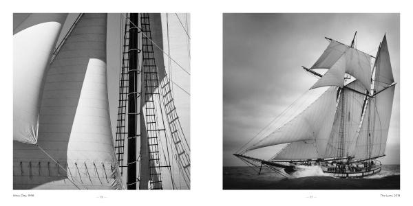 Left: Detailed view of a sailboat’s mast and rigging in bright light. Right: Striking black-and-white photo from "Sailboats" by Schiffer Publishing, Ltd. shows a sailing ship with full sails gliding under dramatic clouds.
