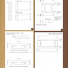 The "Building a Panel Bedroom Suite" manual by Schiffer Publishing, Ltd. features detailed diagrams—Tenons, Bottom Interior Frame, Top Detail (Ogee), and Sides/Back Assembly—with measurements and assembly notes for woodworking tools.