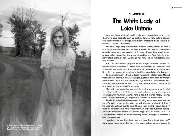 A grayscale image: a worried young woman in a white nightgown stands in tall grass before an old house—an eerie scene from Schiffer Publishing, Ltd.'s Campfire Tales Great Lakes inspired by "The White Lady of Lake Ontario" ghost story.