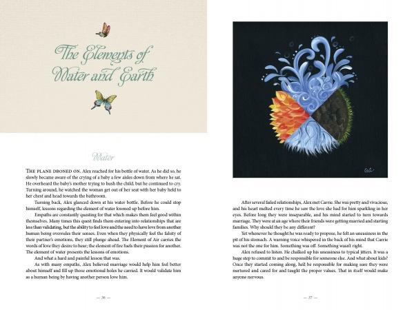 Two pages from "The Empath's Quest" by Schiffer Publishing, Ltd. The left page, “The Elements of Water and Earth,” features butterflies and text on water’s empathy. The right shows four elements in a circle with text on destiny below.
